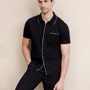 Men's Medium Piped Full Placket Button Down Short Sleeve Knit Polo Shirt Black